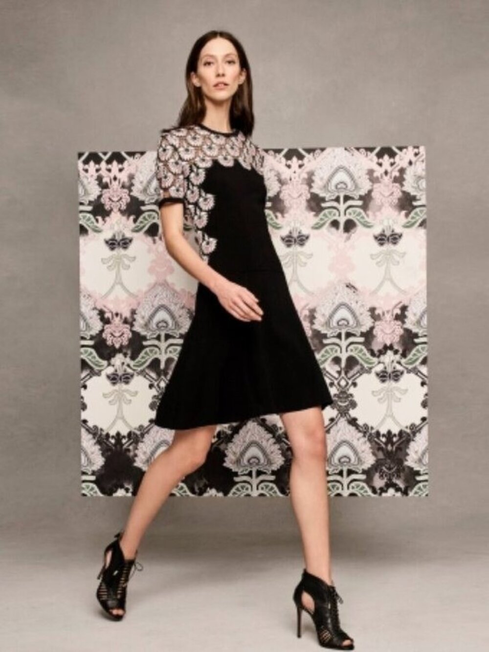 🛍 Y Yigal Lace Contrast Knit Fit & Flare Dress Black Size S
